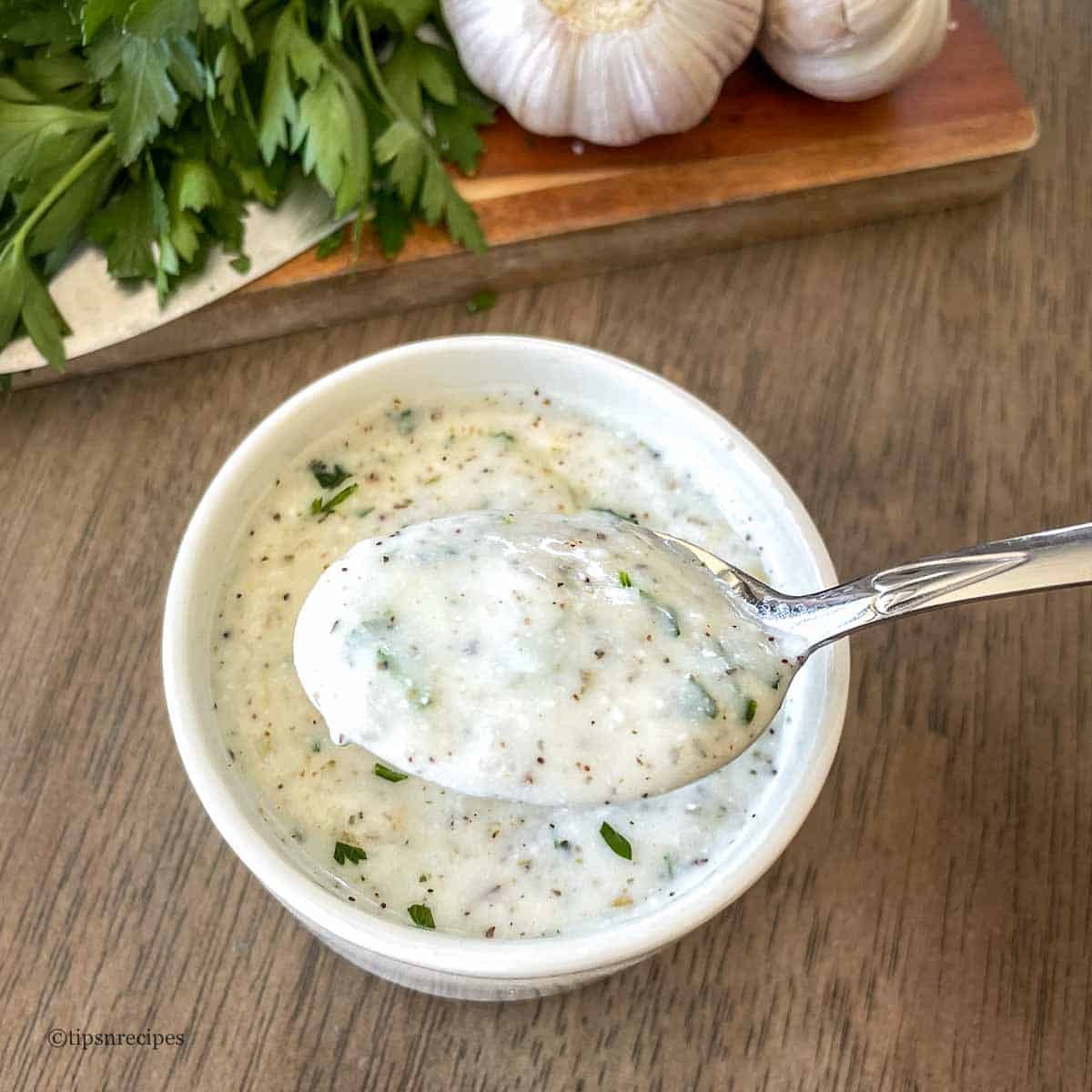 A spoonful of garlic herb dipping sauce.