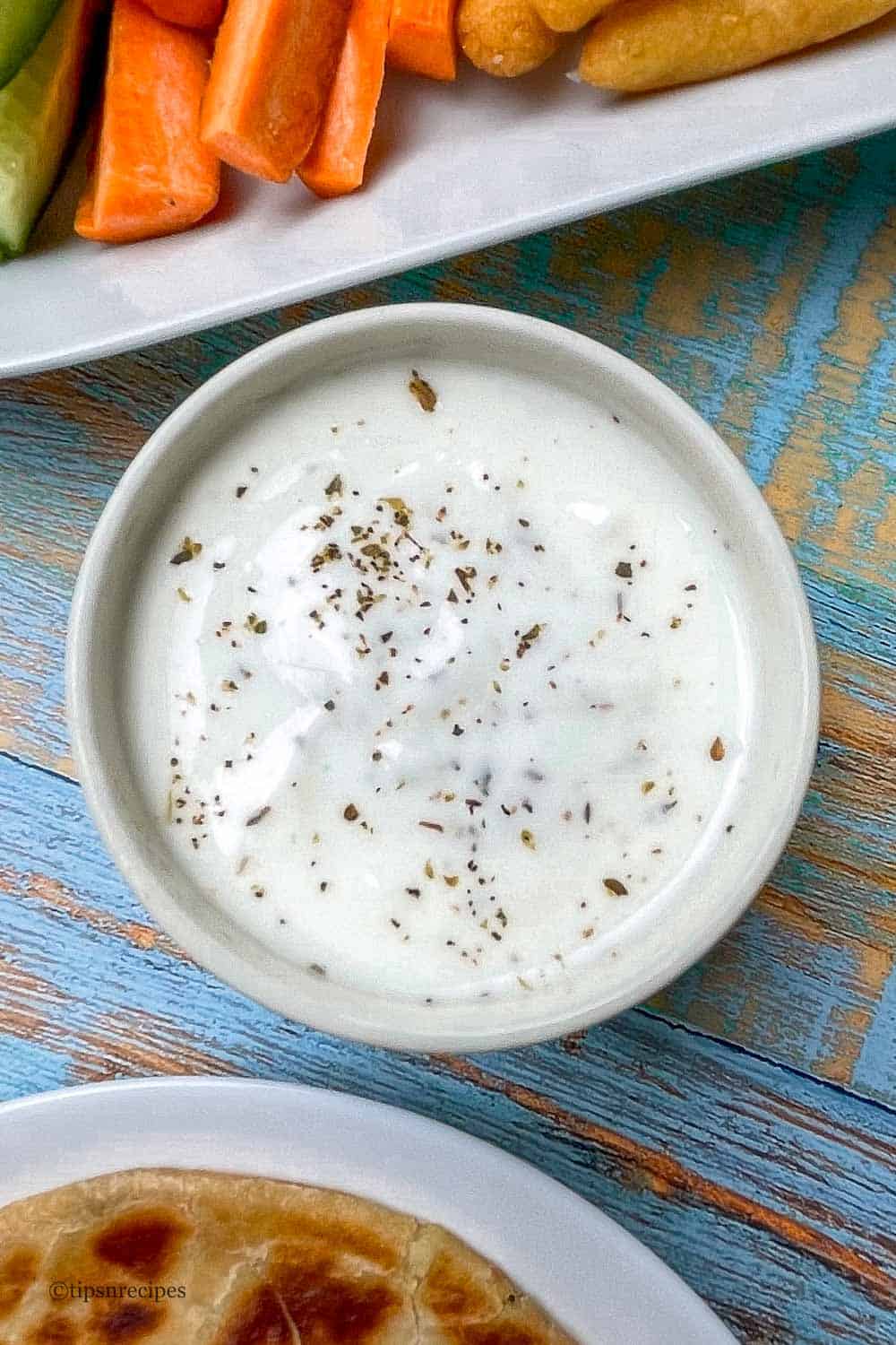 bowl of yogurt-mayo dip served with snacks!