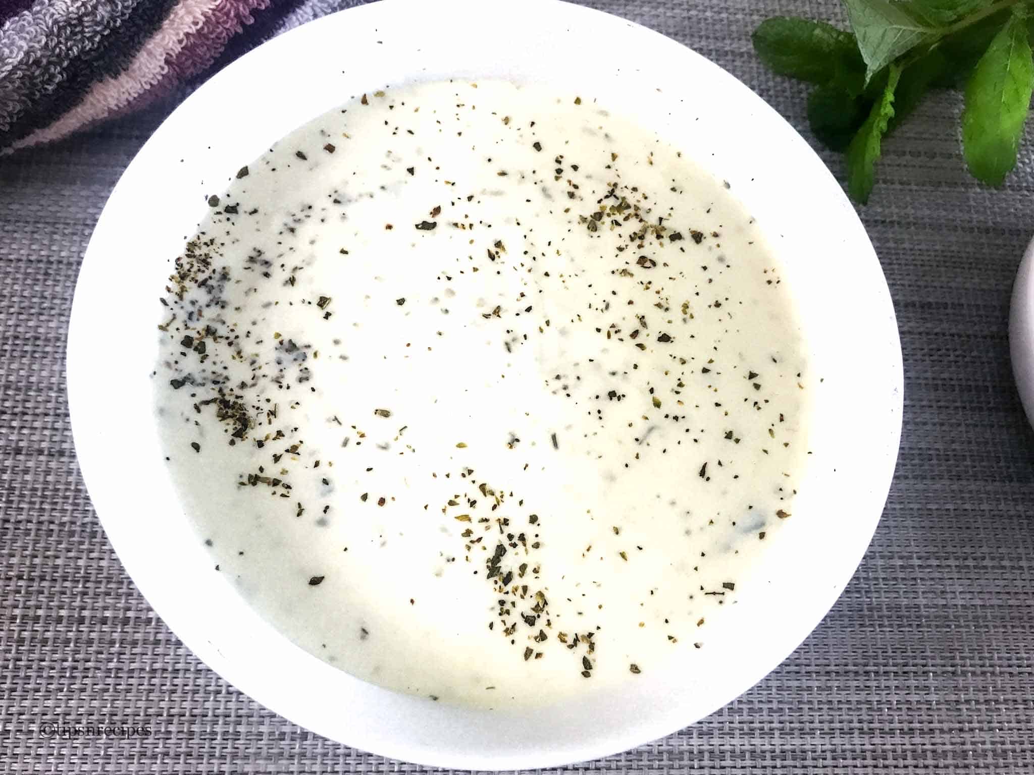 White bowl of freshly prepared all purpose dip