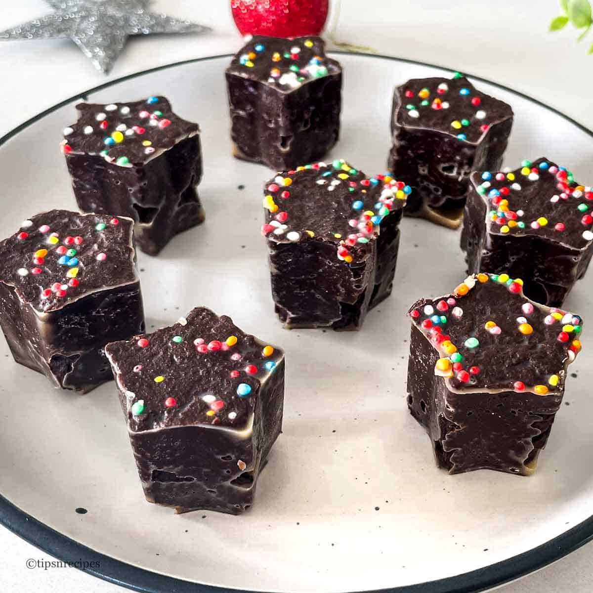A plate of freshly prepared chocolate fudge stars.